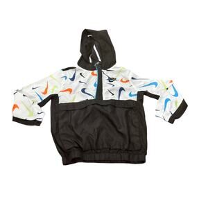 Nike Boys Windbreaker Jacket 4T Swoosh Print Pullover Hoodie Black Multicolor